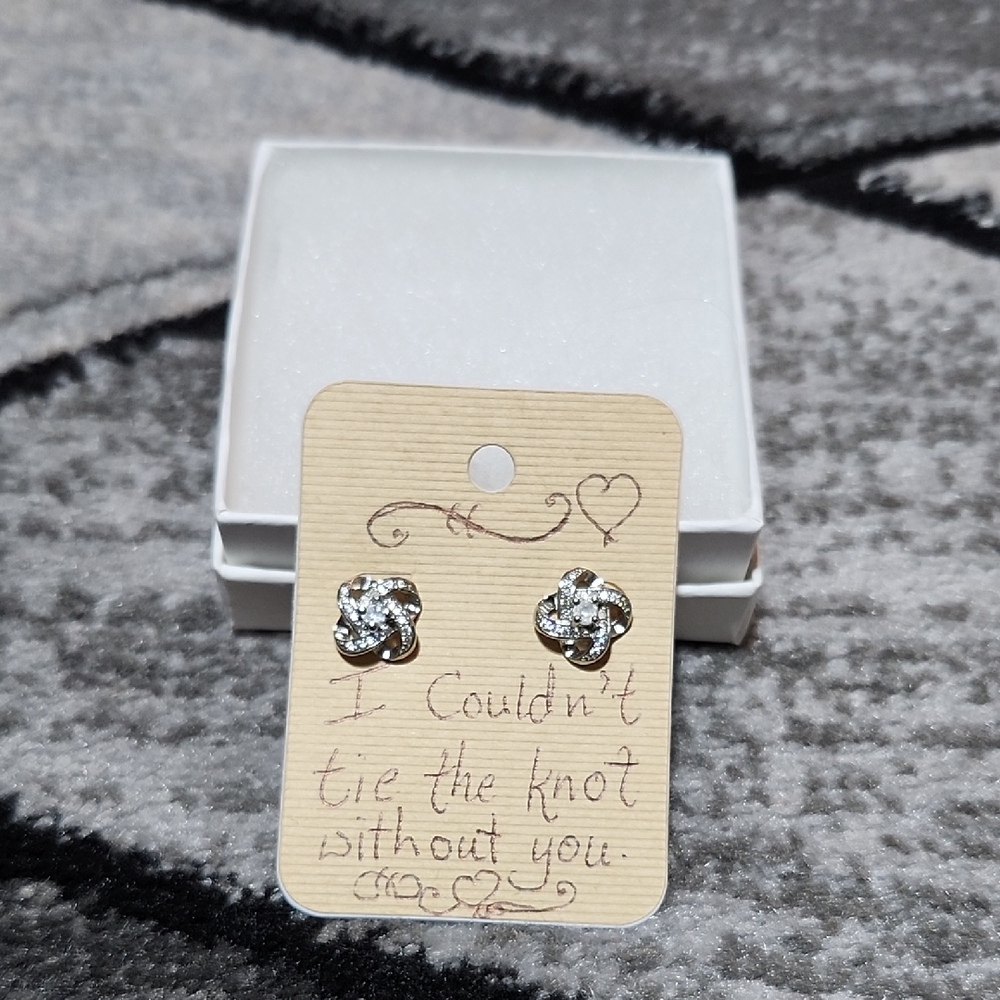 LOVE KNOT SILVER-TONE CUBIC ZIRCONIA STUD EARRINGS WEDDING BRIDAL